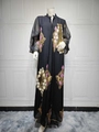Elegantes schwarzes langärmeliges Abendkleid mit goldener und rosa Paillettenstickerei - Schwarz