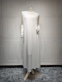 Elegant white V-neck sleeveless knitted maxi dress in a minimalist H-line casual style - S / V-Neck