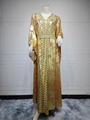 Detail of ethnic style chiffon maxi dress featuring golden embroidery and metallic print - Dark Apricot