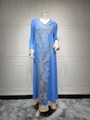 Abaya azzurro a maniche lunghe con ricami di paillettes oro e argento fluenti - XL / Celeste
