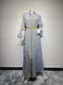 Detailed embroidery on light blue kaftan dress with bell sleeves and metallic leaf patterns - S / Light Blue