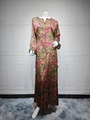 Detail of V-neck floral printed maxi dress showing fabric texture and golden trim detail - S / Brown