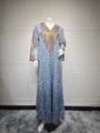 Detailed V-neckline with colorful sequin embroidery on light blue mesh kaftan gown - S / Grey Blue