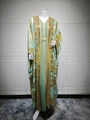 Detail of mint green caftan with gold floral embroidery and sequin lace trimming - M / Light Green