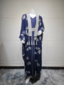 Detail of navy blue kaftan dress with silver floral embroidery and fringe tassels - S / Navy Blue