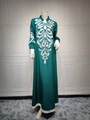 Detailed silver embroidery on the neckline and sleeves of the dark green ethnic long dress - S / Green