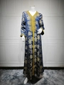 Detail of heavy gold embroidery and beadwork on a navy blue long sleeve dress - S / Navy Blue