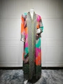 Detail of colorful V-neck printed long dress featuring vibrant patchwork and geometric patterns - S / Orange-Green-Purple Patchwork Print (Style 3)