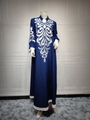 Detail of silver floral embroidery on a dark blue ethnic maxi dress with V-neckline - S / Dark Blue