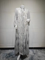 Detailed view of silver jacquard fabric with white leaf embroidery on a grey Abaya gown - S / Light Gray