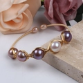 Detailed shot of handmade woven 14K gold-filled wire cuff featuring five large natural pearls - Five Gradient Purple-White Pearls Open Style (NO.2)