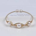 Handmade 14K gold filled open bracelet with five natural freshwater pearls in golden wire - Five White Pearls Simple Wire Wrap Style (NO.9)