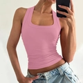 Débardeur en maille côtelée rose coupe ajustée avec col en U pour la mode d'été féminine - Rose