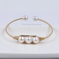 Adjustable 14K gold filled bangle with five natural freshwater pearls and wire wrapping - Three pearls side-by-side Simple Wire Wrap Open (NO.11)