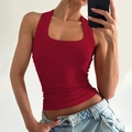 Chic red ribbed knit tank top with U-neck and slim fit cropped design for women - Red