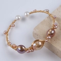 Adjustable gold-wrapped wire bracelet featuring multicolor baroque freshwater pearls - Multicolor Irregular Baroque Pearls Wire Wrap (NO.17)