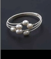 Three-strand silver wire bangle with six white freshwater pearls in a modern design - Six Oval White Pearls Silver Three-circle Wrap (NO.18)