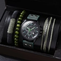Men's quartz watch gift set with olive green leather strap and matching bead bracelets - Army Green Leather Strap Watch And Bracelets