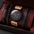 Geneva men's quartz watch with brown leather strap and three matching woven bracelets - Light Brown Leather Strap Watch With Rivets And Bracelets