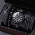Men's minimalist black quartz watch with calendar and triple bracelet gift set - Black Leather Strap Watch And Bracelets