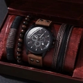 Set orologio al quarzo da uomo con cinturino in pelle e braccialetti in scatola - Orologio con Cinturino in Pelle Marrone con Borchie e Braccialetti