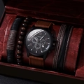 Orologio al quarzo da uomo con cinturino in tessuto e bracciali in una scatola regalo rossa - Orologio con Cinturino in Tessuto Marrone Scuro e Braccialetti