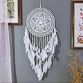 Large bohemian white dream catcher with handmade lace star and natural feathers for home decor - White Vintage