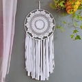 White boho lace dream catcher with crochet pattern and flowing ribbons for home decor - White Tassel