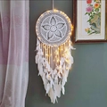 White Bohemian dream catcher with warm LED lights and natural feathers wall decor - White Vintage with Lights