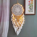 White boho dreamcatcher with LED lights and feathers for wedding or home decor - Beige Vintage with Lights