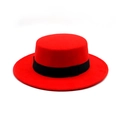 Classic red wool felt boater hat with a wide black ribbon band for men and women - One Size / Red