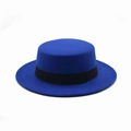 Royal blue flat top wool felt boater hat with black ribbon band for men and women - One Size / Blue