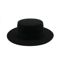 Flat top black wool boater hat with a wide matching ribbon band for men and women - One Size / Black