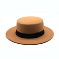 Classic camel wool felt flat top boater hat with a minimalist black ribbon trim - One Size / Camel