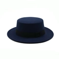 Navy blue wool boater hat with black ribbon band and flat brim for men and women - One Size / Navy Blue