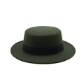 Vintage flat top dark green wool felt hat with black ribbon band for men and women - One Size / Army Green