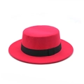 Classic red wool boater hat with a flat top and elegant black ribbon band for women - One Size / Rose Red