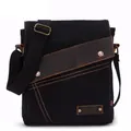 Borsa a tracolla vintage in tela nera con dettagli in pelle marrone e cinghia regolabile - Nero