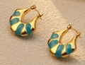 Gold-plated stainless steel hoop earrings featuring vibrant teal enamel geometric accents - Cyan Enamel Earrings (FY6049-blue)