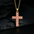 Detail of cross pendant featuring pink zircon stones on a gold-plated chain necklace - Gold Pink Diamond Cross Style (款式64)
