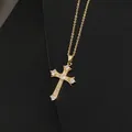Macro shot of gold-plated cross pendant with sparkling zircons on black leather - Gold Large Round Zircon Pavé (款式70)