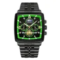 Montre tonneau élégante pour hommes en acier avec phase de lune et cadran multifonction - Bracelet Noir Cadran Vert (Norme UE + Boucle Papillon)