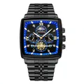 Montre homme élégante en acier noir avec phase de lune et cadran tourbillon sophistiqué - Bracelet Noir Cadran Bleu (Norme UE + Boucle Papillon)