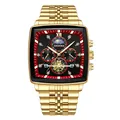 Montre tonneau de luxe dorée pour homme avec cadran noir et bracelet en acier inoxydable - Bracelet Entièrement Doré Cadran Rouge (Norme UE + Boucle Papillon)