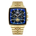 Men's gold tonneau chronograph watch with black dial and skeleton tourbillon window - All Gold Band Blue Dial (EU Standard + Butterfly Clasp)