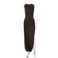 Elegant dark brown sleeveless ruched maxi dress with high side slit for summer fashion - Brown / S