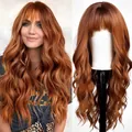 Long wavy copper red wig with bangs for women made of high temperature synthetic fiber - Red Brown