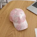 Detailed view of pink tie-dye baseball cap with sparkling rhinestones and floral pattern - Child Style (Adjustable) / Pink