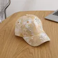 Detailed macro of rhinestone sunflower design on brown tie-dye kids baseball cap - Child Style (Adjustable) / Yellow