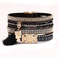 Bracciale multistrato bohémien con ciondolo a gufo dorato, nappe e strass bianchi - Stile Civetta / Nero